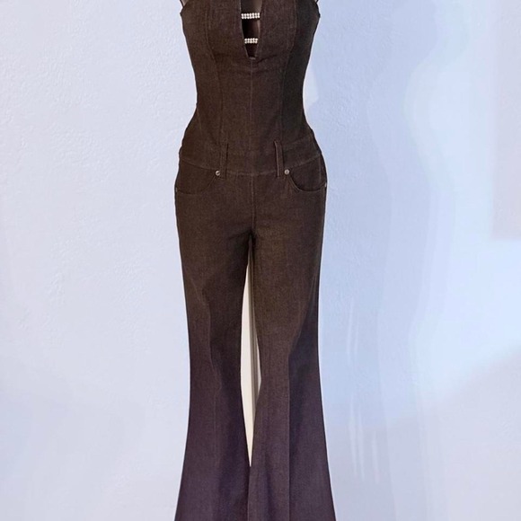 XOXO Pants - Vintage Y2K XOXO Denim Dark Wash Jumpsuit Custom Rhinestones 90's Size:3/4 Boho